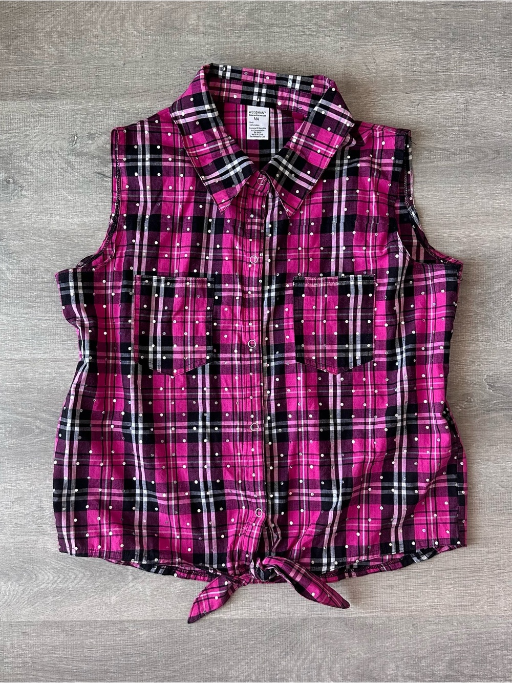 Y2K Weissman Pink & Black Plaid Sequins Tie-Front Top